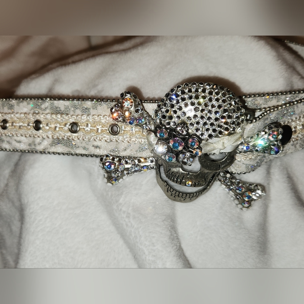 Unique Skull  rhinestone  belt buckle with embroidered  belt strap.
